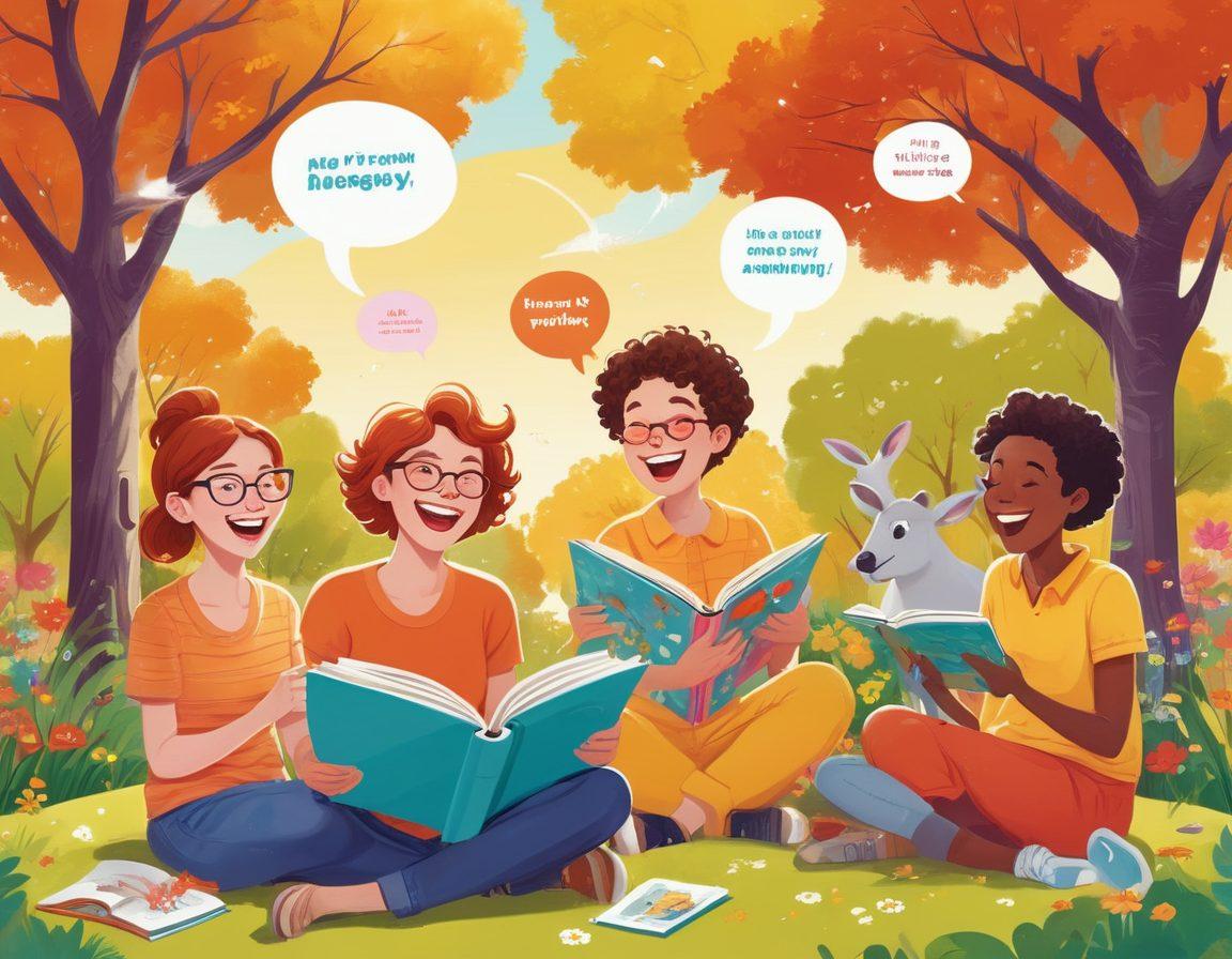 A whimsical cartoon-style illustration featuring a diverse group of people laughing hysterically while reading funny jokes from a colorful book. The background is a bright, sunny park filled with trees, flowers, and playful animals. Add speech bubbles with cheesy, pun-filled jokes swirling around them, creating an atmosphere of joy and humor. The overall vibe should be vibrant and lively, making the viewer feel the cheerful energy of laughter. cartoon style. vibrant colors. sunny atmosphere.