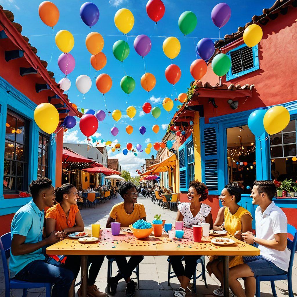 A whimsical scene featuring a diverse group of characters laughing and sharing humorous stories around a colorful café table, with vibrant decorations and playful elements like balloons and confetti. In the background, a bright blue sky filled with fluffy clouds accentuates the joyful atmosphere. Each character represents different cultures, showcasing unity in laughter. super-realistic. vibrant colors. cheerful ambiance.