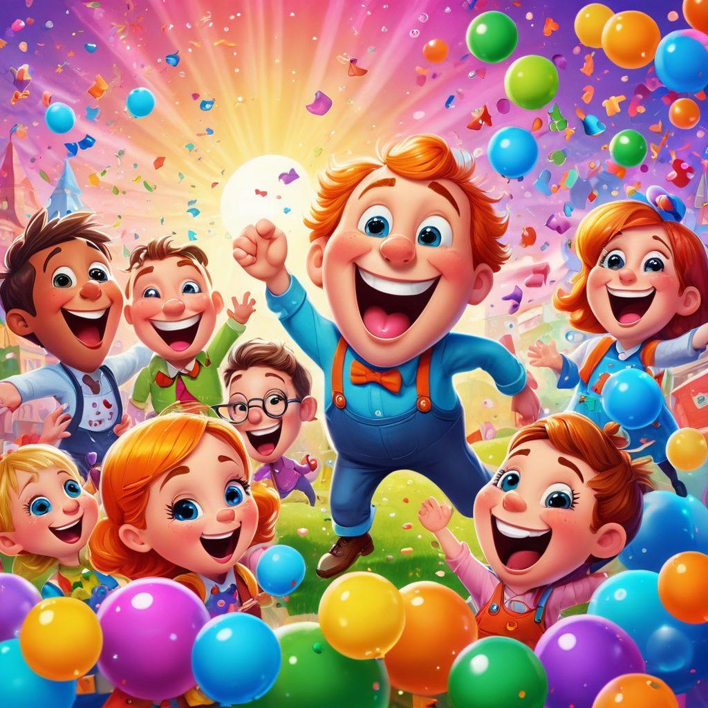 An enchanting scene filled with colorful illustrations of laughing faces, playful cartoon characters, and whimsical jigsaw pieces representing jokes and wordplay. Bubbles with phrases of classic puns float in the air, creating a cheerful atmosphere, while confetti rains down. The background is a vibrant gradient of joyful colors, symbolizing happiness and fun. This captivating imagery invites viewers to dive into the world of laughter and amusement. vibrant colors. playful art. cartoon style.
